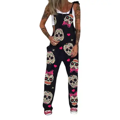 Black Printed Skull & Heart Trousers Set for Women