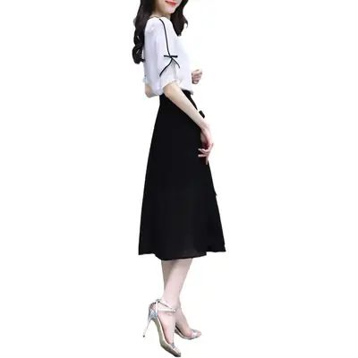 2026 Korean Style Women's White Black Two-Piece Suit Dress