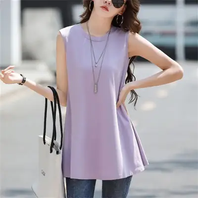 Women Sleeveless Light Blue T-Shirt Large 2025 Summer