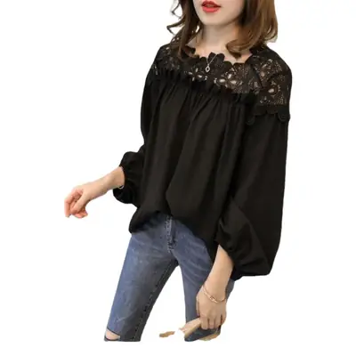 Black Chiffon Crochet Lace Top for Women
