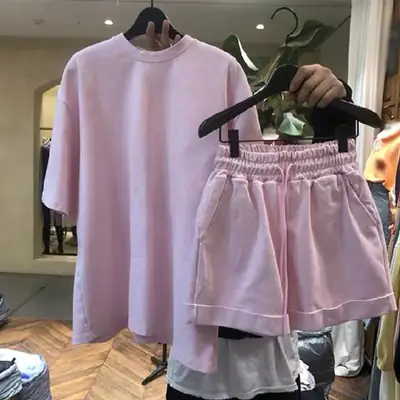 Women 2-piece White Korean Short Sleeve T-shirt Wide-leg Pants Set
