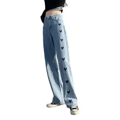 Love Embroidered Light Blue Wide Leg Jeans for Women