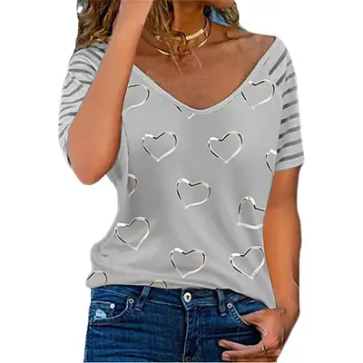 Pink Heart Print V-Neck Short Sleeve T-Shirt for Women