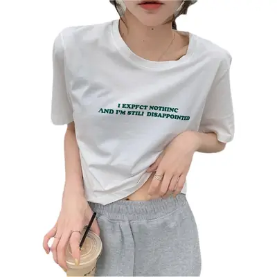 2025 Summer Women Loose Printed T-Shirt White Exposed Midriff