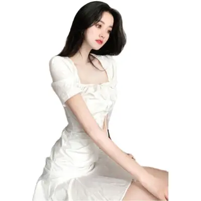White French Style Pleated Ruffled Dress with Fishtail Skirt