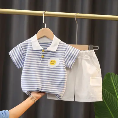 Kids Boys Cotton Striped T-Shirt Set Blue White