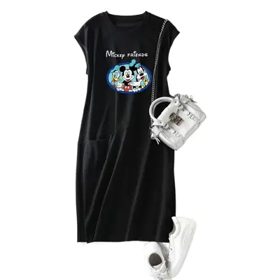 2025 Summer Cartoon Print Women Dress Orange Mid-Length