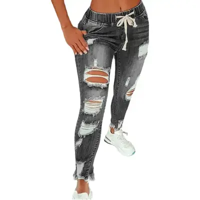 Women Ripped Jeans Pants Elastic Waistband 2025
