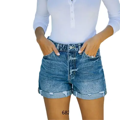 2021 New Blue Denim Wash Mid Waist Shorts for Women