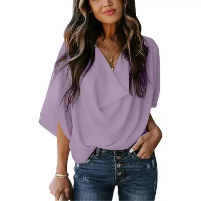 2025 Purple V-Neck Chiffon T-Shirt Women
