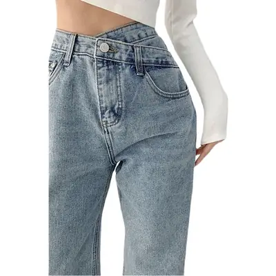 Women Retro High Waist Crossed Waist Jeans Summer Slim