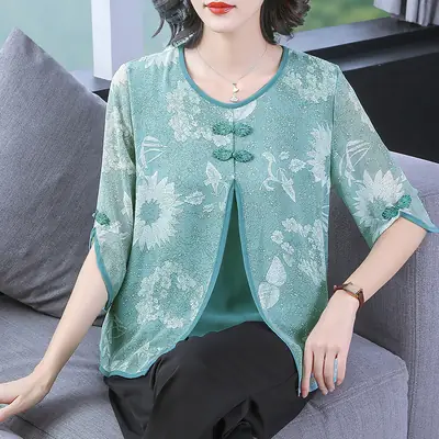 Women Chiffon Printed Shirt Mint Green Loose Fit 2021