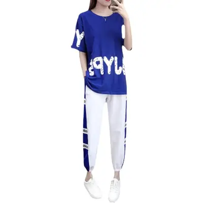 Women 2026 Blue White Casual Sports Suit Loose Fit