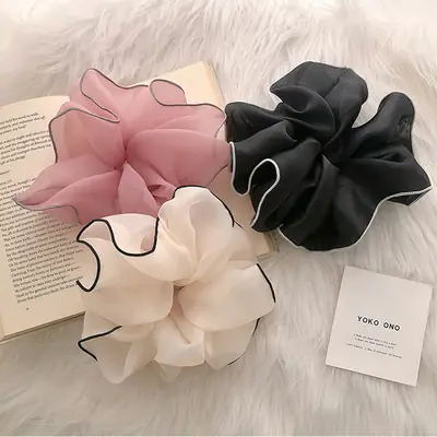 Chanel Style Mesh Hair Ring Cream Black Contrast