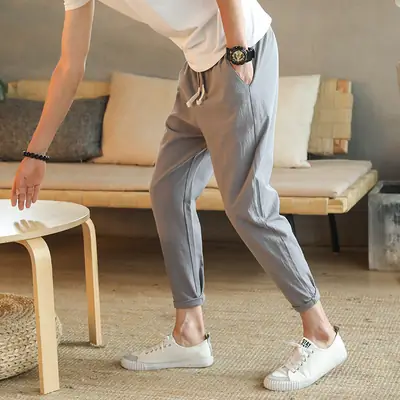 Men Slim Fit Casual Cropped Pants Beige All Size