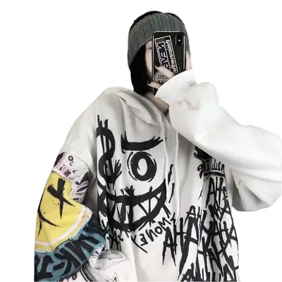 White Fleece Hooded Graffiti Sockswear Student Style