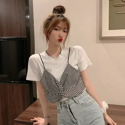 Women Striped T-Shirt Top White Striped Loose Fit Summer Wear