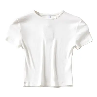 Women Summer T-Shirts Solid Color Round Neck Tight High Waist Navel Short Sleeve