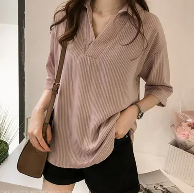 Women's Slim Fit Striped V-Neck Top Large Spring Summer