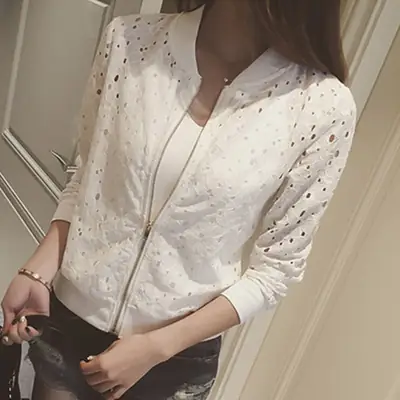 Women's White Lace Hollow Zipper Short Cardigan
