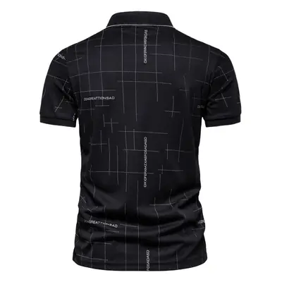 Men's Black Letter Print Polo Shirt Short Sleeve