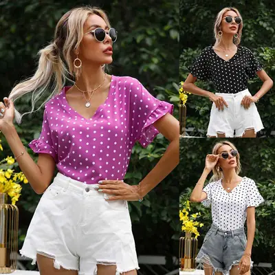 Women Polka Dot V Neck T-Shirt Shorts Set Summer