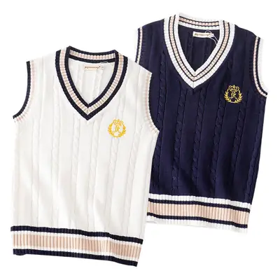 British Style V Neck Knitted Vests Set for Girls