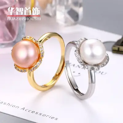 Gold Pearl Crystal Adjustable Ring for Women