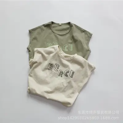 Kids Sleeveless T-Shirt Green Printed Round Neck