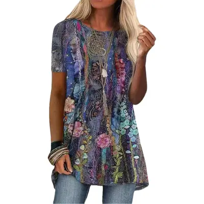 Women's Printed T-Shirt Purple Green Floral Digital Print