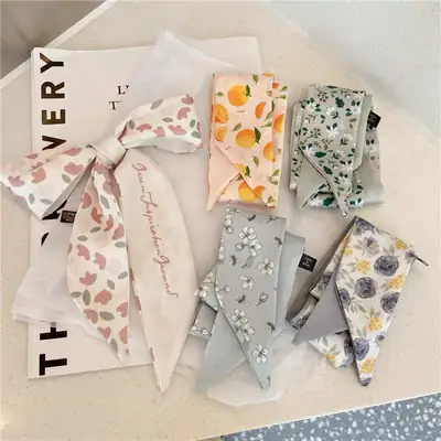 Girls Silk Scarf with Floral Pattern & Hair Tie