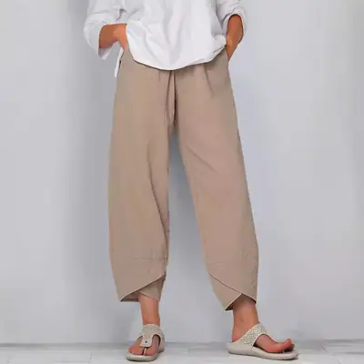 Women Wide Leg Pants Elastic Waist Cotton Linen 9-Point