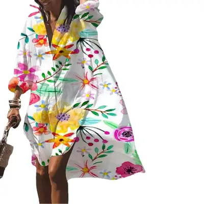 Women's 2022 Printed Cotton Long Shirt White