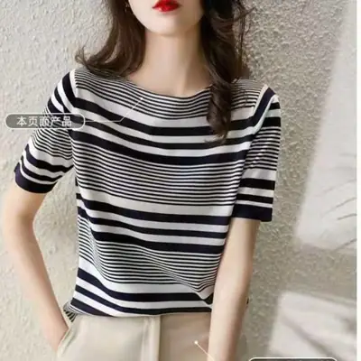 Women Striped Knitted T-Shirt Blue White Boat Neck