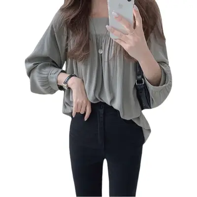 Women Chiffon Puff Sleeve Shirt White Loose Neck