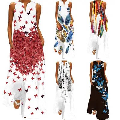2026 Summer V-Neck Sleeveless Dress with Feather Print
