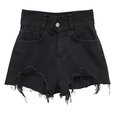 Black High Waist Denim Shorts with Frayed Hem