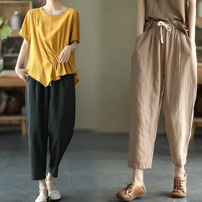 Women Navy Blue Plus Size Loose Fit Pants