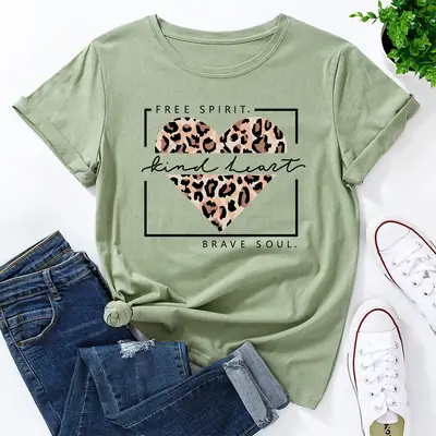 Green T-Shirt with Leopard Print & "Free Spirit" Design