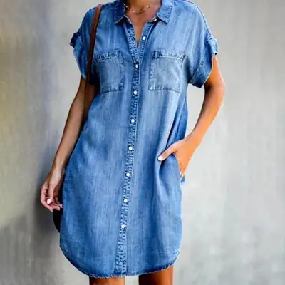 Women Denim Lapel Shirt Dress Short Sleeve Slim Fit