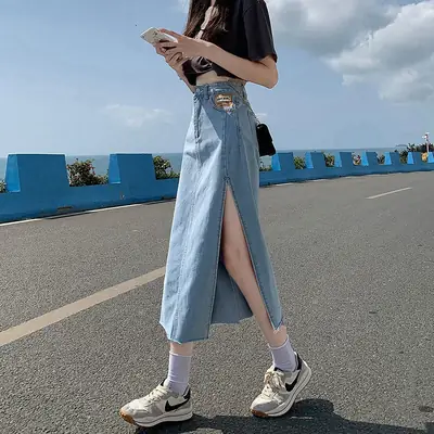 Women Denim Skirt High Waist Side Slit 2022