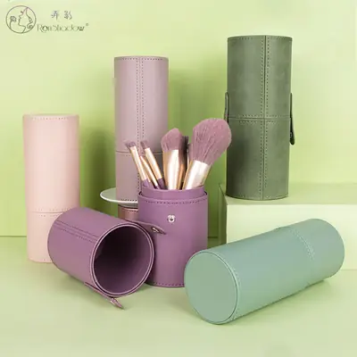 Light Blue Leather Makeup Brush Storage Barrel