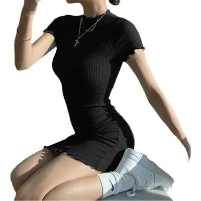 Black Fungus-Edged Ribbed Short Sleeve Dress for Women