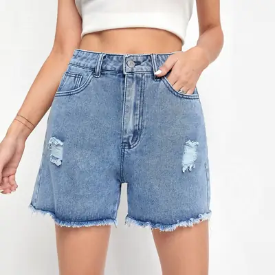 Women's High Waist Denim Shorts with Distressed Hem