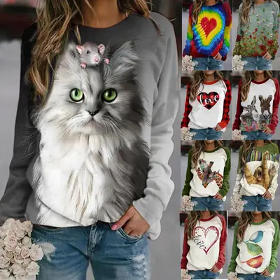 Cute Cat 3D Print Long Sleeve T-Shirt