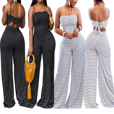 Women's Black Polka Dot Wrap Pants Set with Suspenders