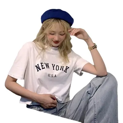 Women New York USA Letter Print Short Sleeve T-Shirt White 2025