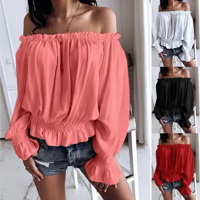 New European American Women's Off-Shoulder Collar Top Solid Color