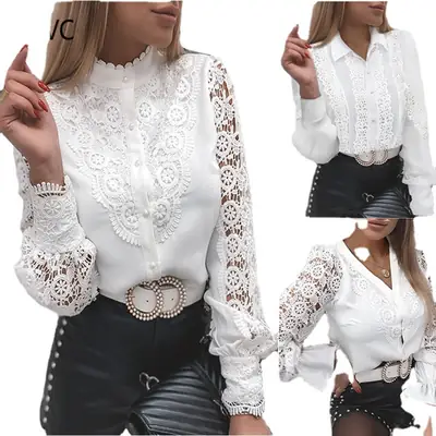 White Lace Long Sleeve V-Collar Button Shirt for Women