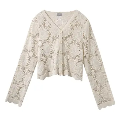 Women's White Lace Knitted V-Neck Long Sleeve Top